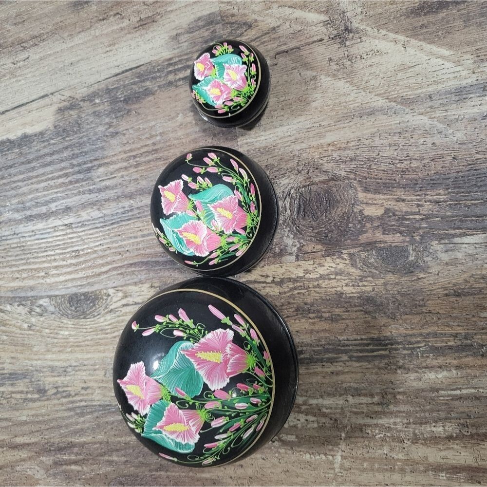 Nesting 3 Lacquered Trinket Boxes Wood Hand Painted - Asian